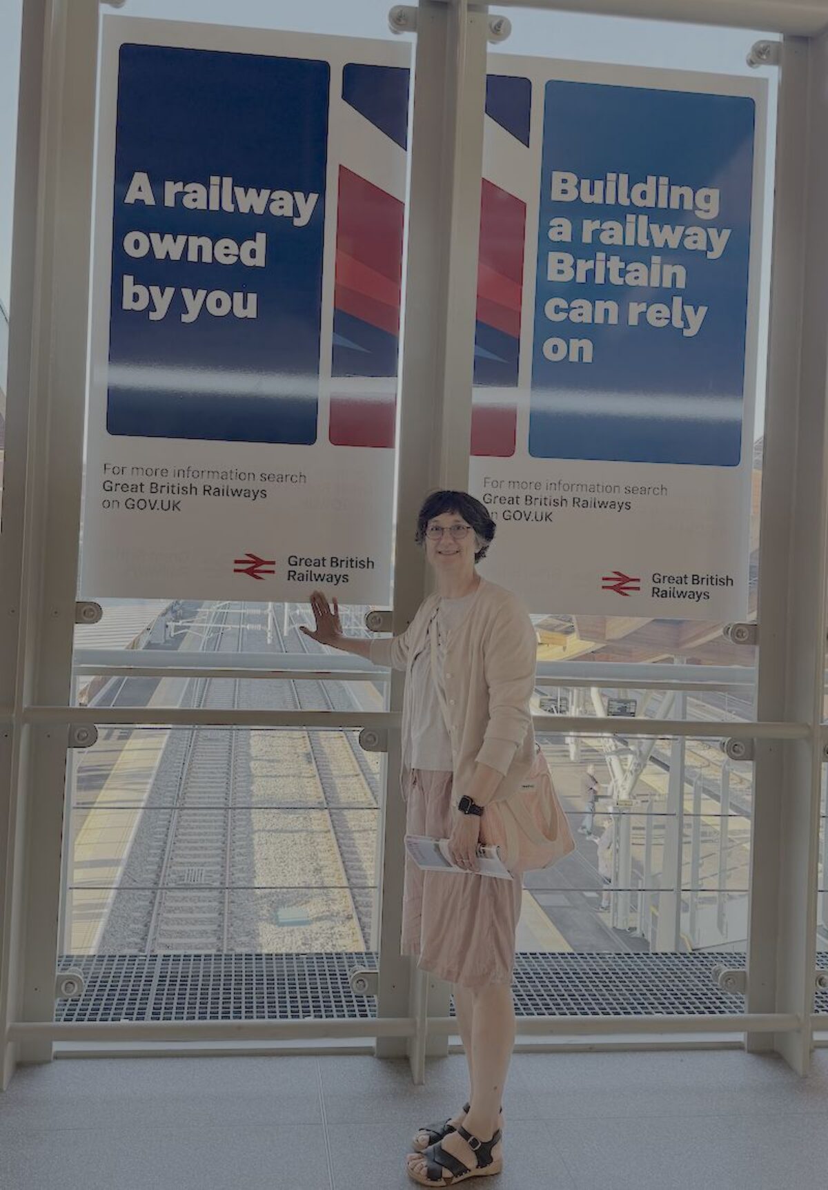 Katie Thornburrow with the Great British Railways branding